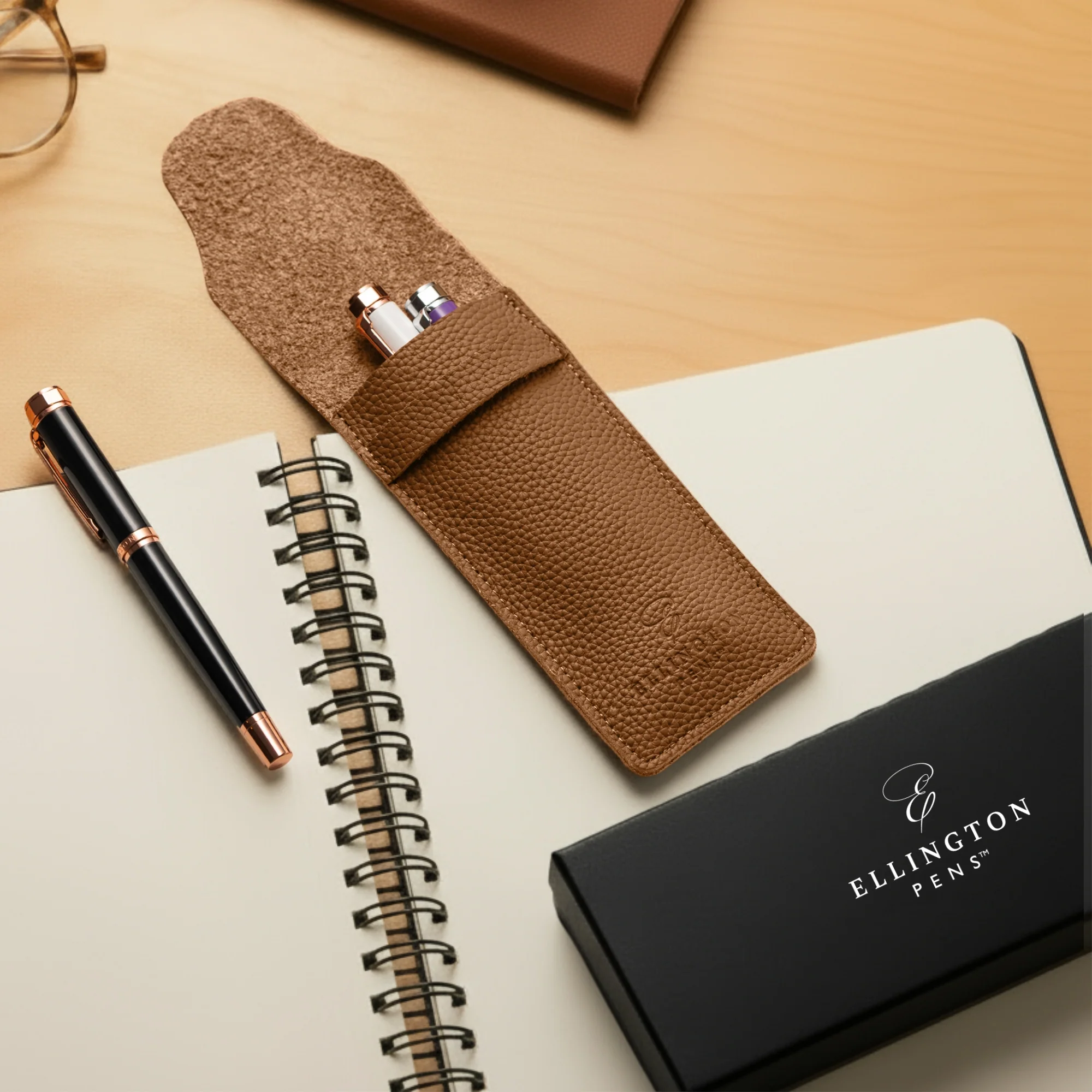 Tan Brown Leather Pen Case with Gift Box - Image 4