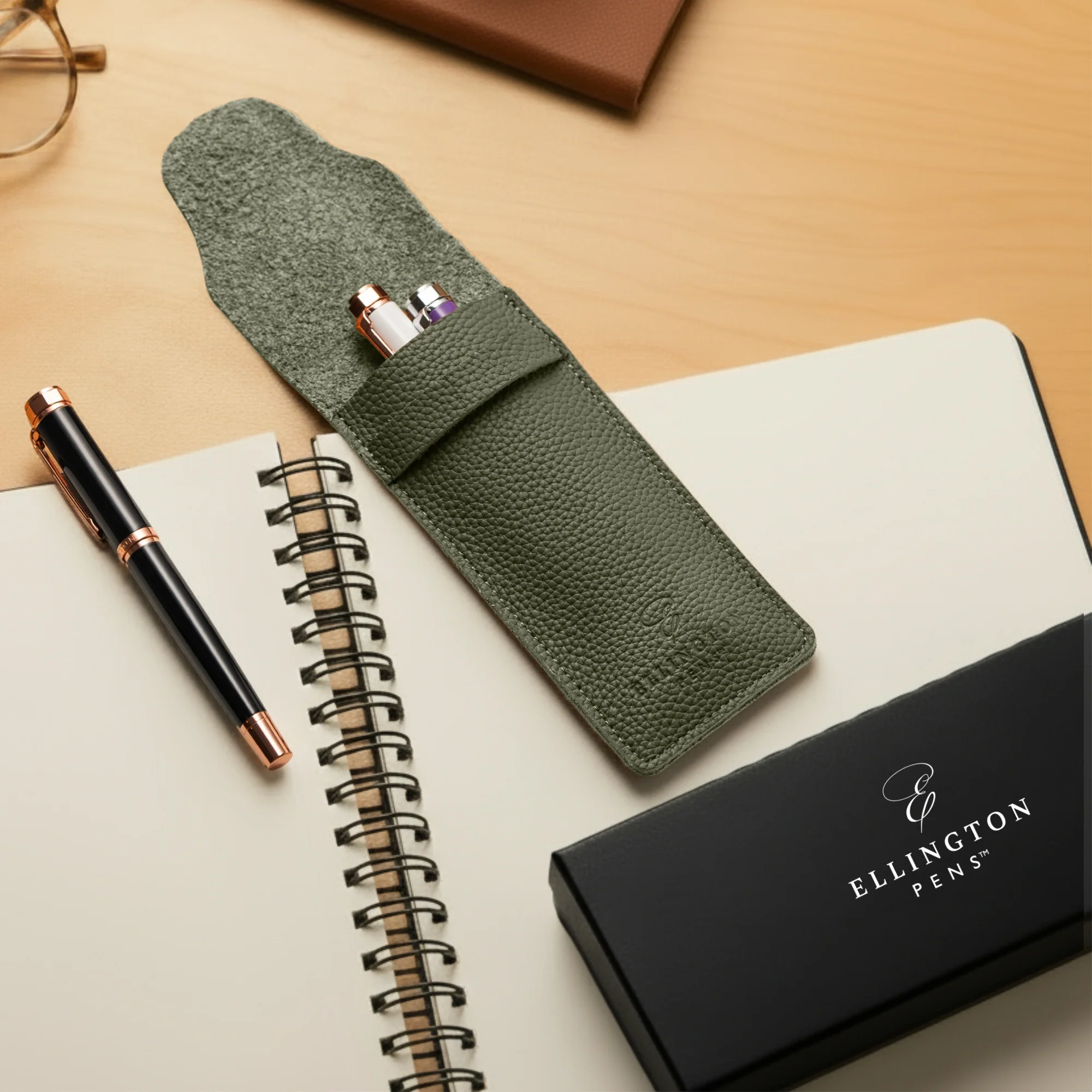 Khaki Green Leather Pen Case with Gift Box - Image 4