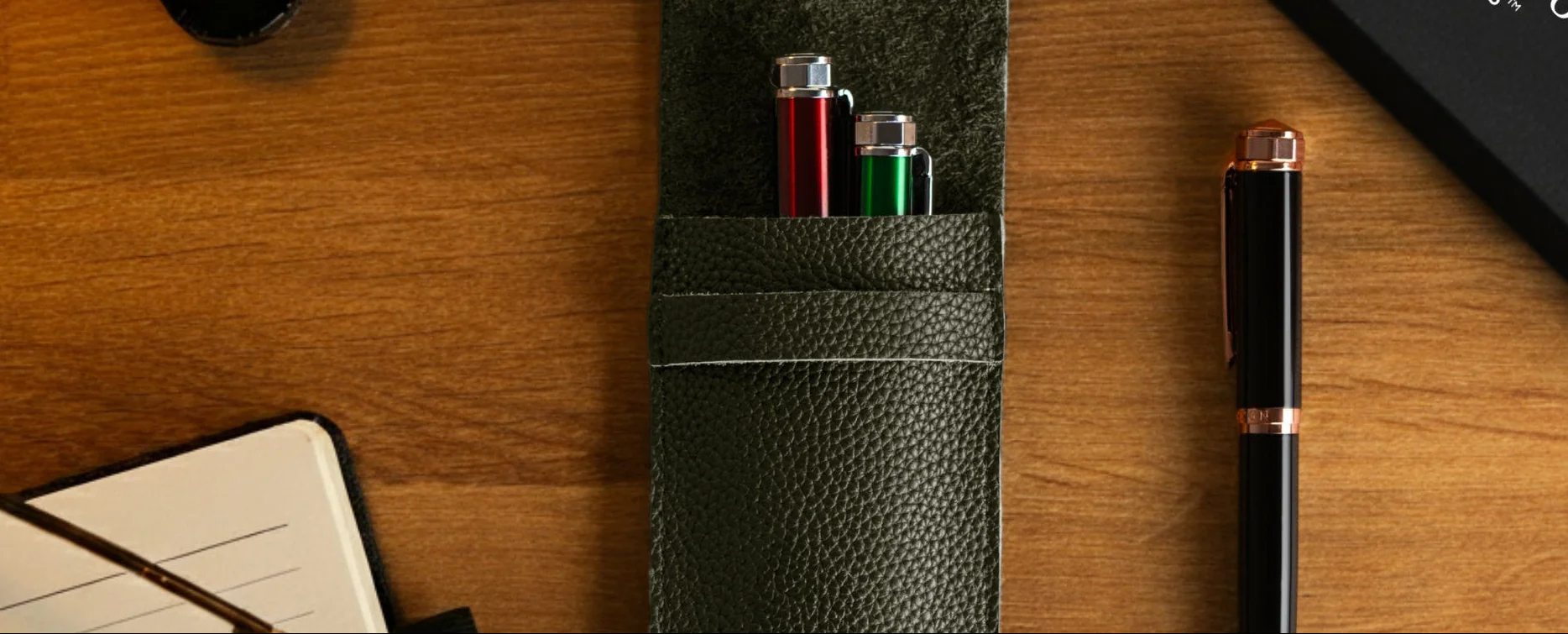 Khaki Green Leather Pen Case with Gift Box - Image 5