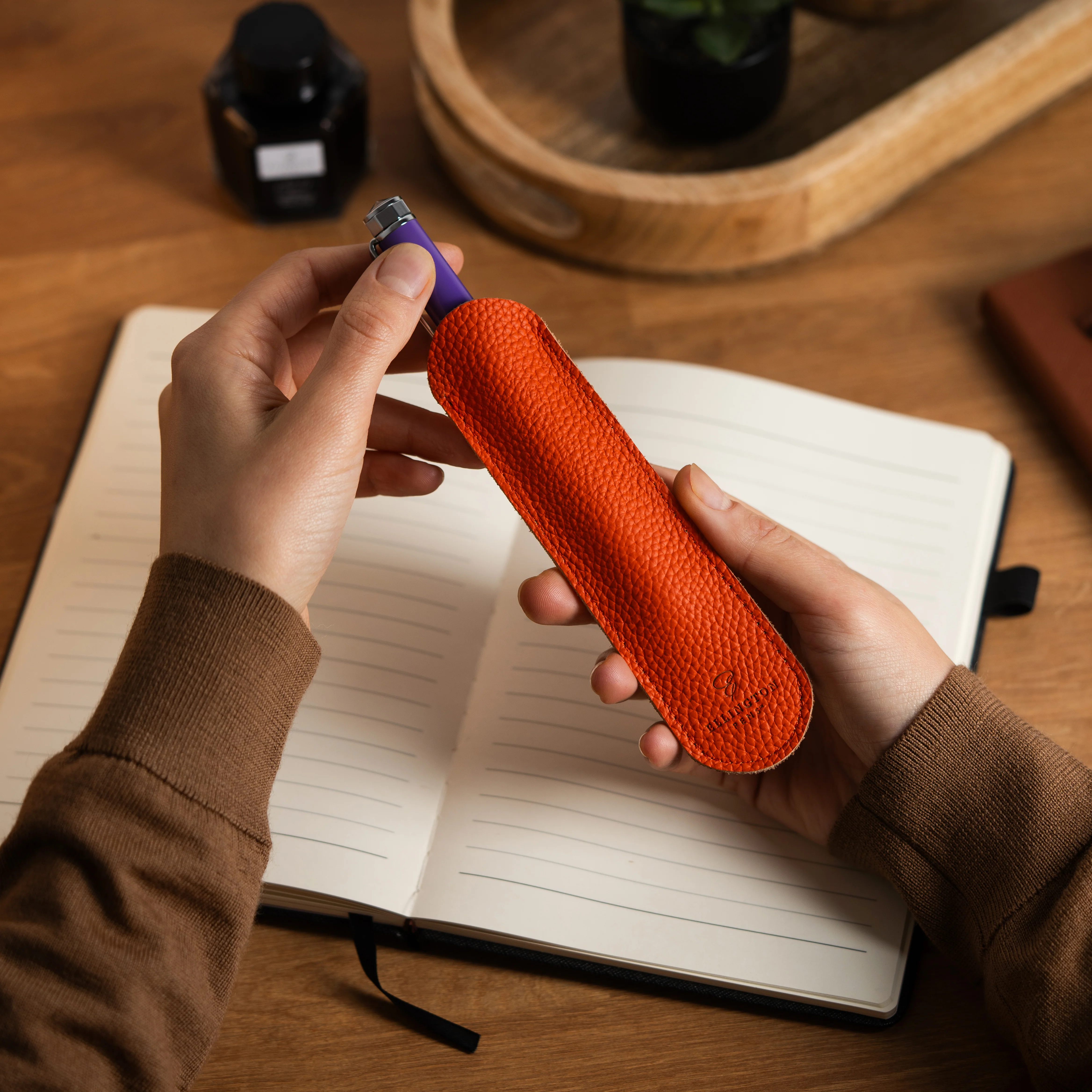Leather Pen Sleeve Orange - Image 4