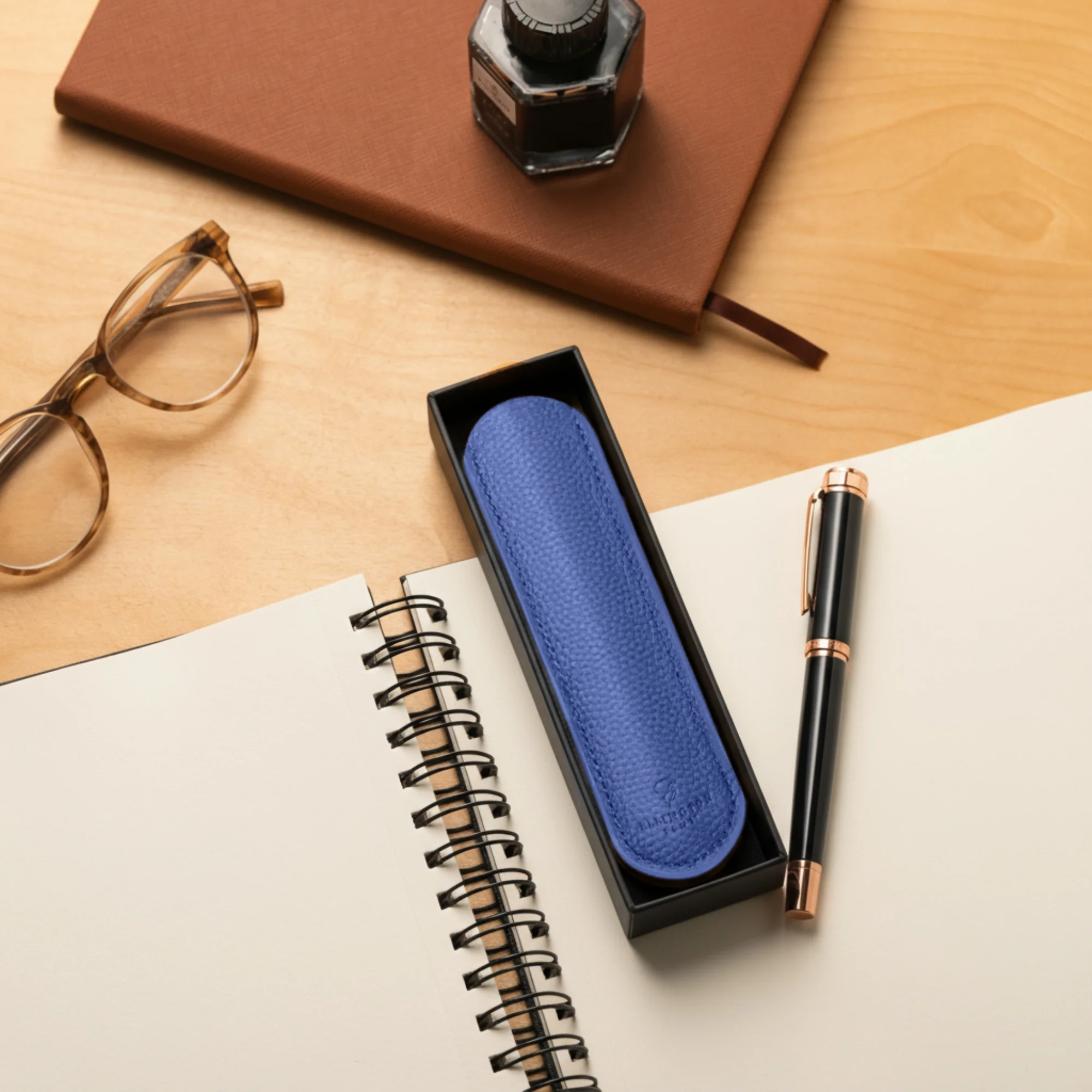 Blue Leather Pen Sleeve with Gift Box - Image 4