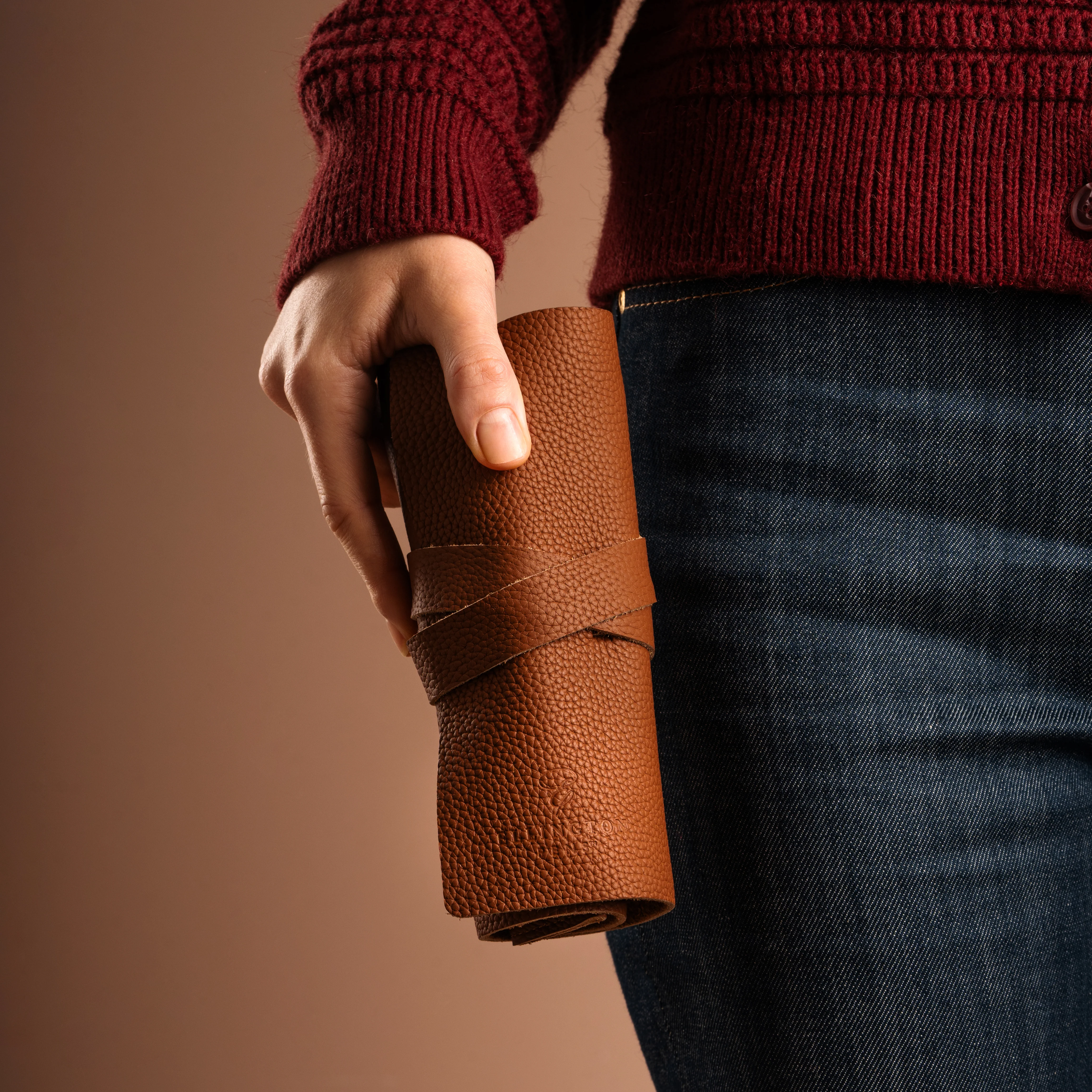 Leather Roll Pen Case Tan Brown - Image 2
