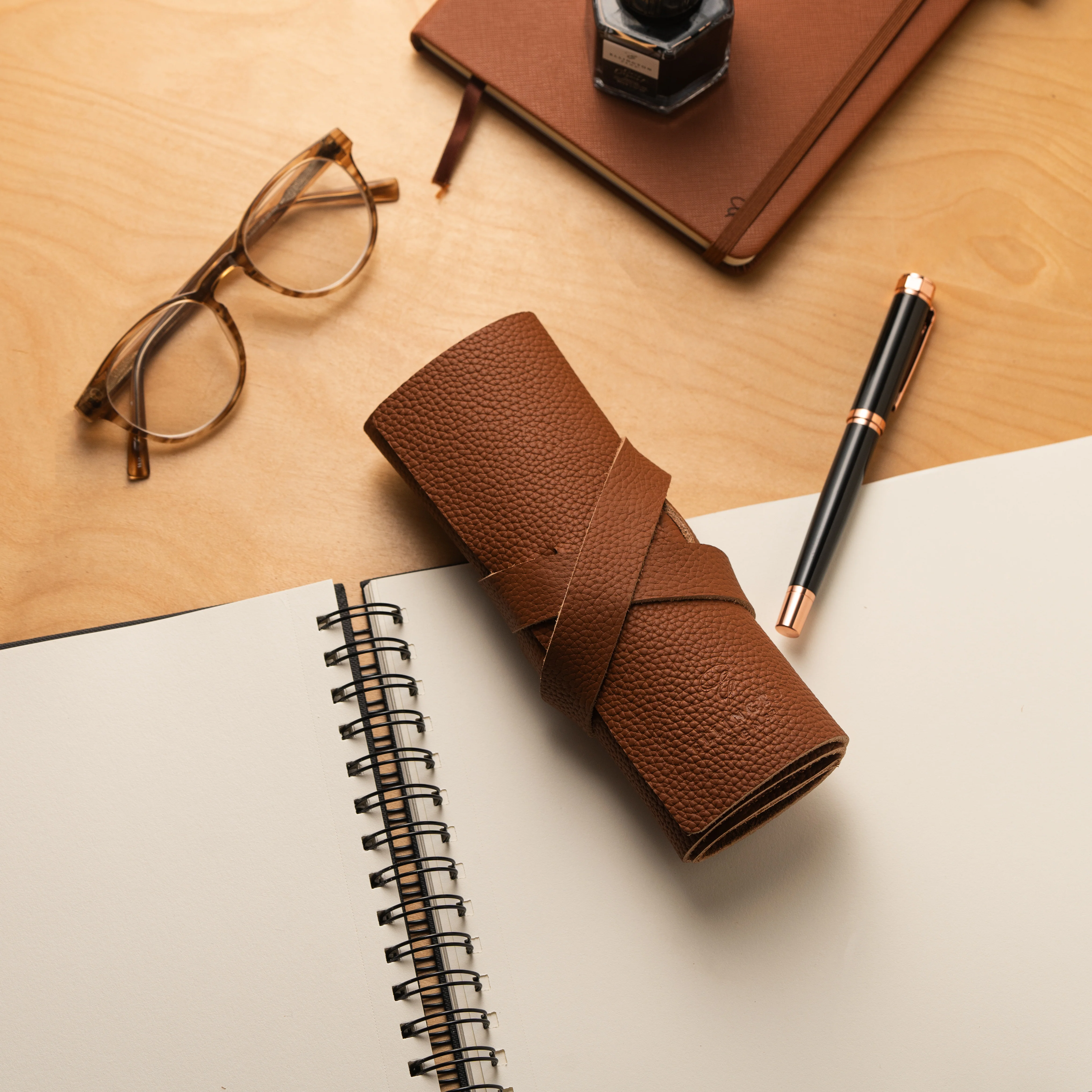 Leather Roll Pen Case Tan Brown - Image 4