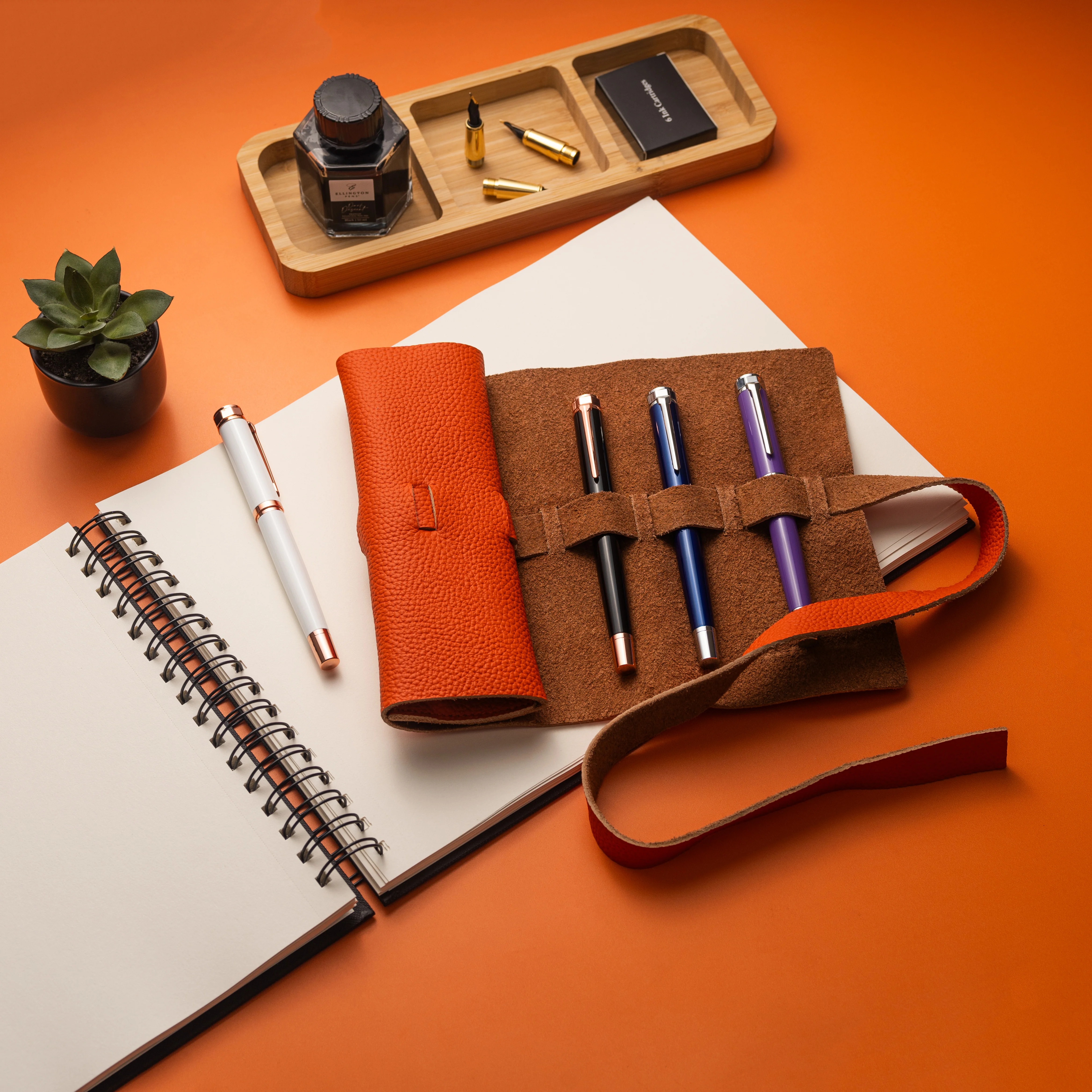 Leather Roll Pen Case Orange - Image 5